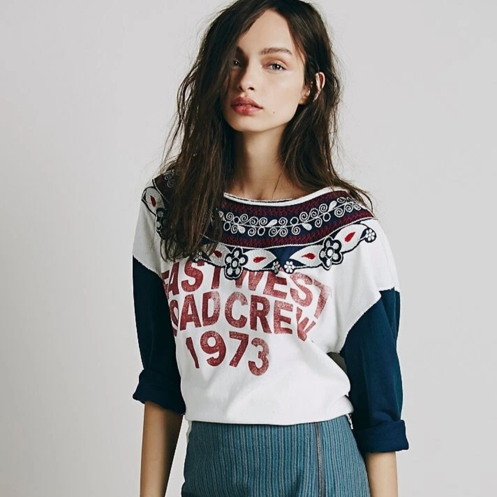 Free People White Graphic Pullover Top with Navy Sleeves